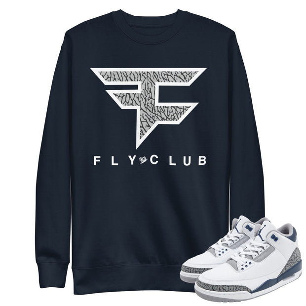 Retro 3 Midnight Navy Fly Club Sweatshirt - Sneaker Tees to match Air Jordan Sneakers