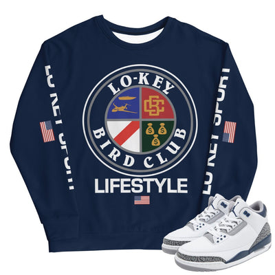 Retro 3 Midnight Navy Cement Lo Key Sweatshirt - Sneaker Tees to match Air Jordan Sneakers