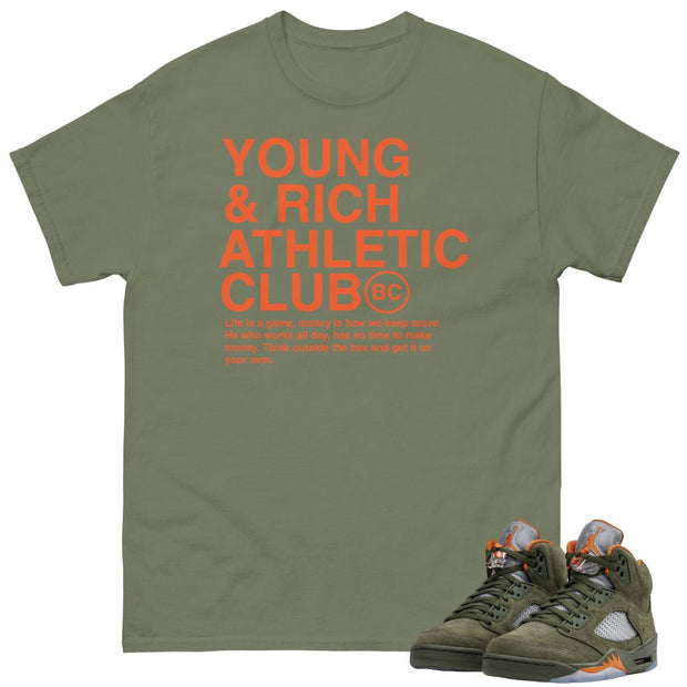 Retro 5 Olive/Solar Orange "Rich Club Shirt - Sneaker Tees to match Air Jordan Sneakers