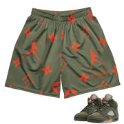 Retro 5 Olive/Solar Orange Mesh Shorts - Sneaker Tees to match Air Jordan Sneakers