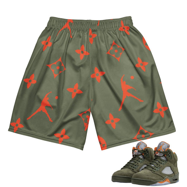 Retro 5 Olive/Solar Orange Mesh Shorts - Sneaker Tees to match Air Jordan Sneakers