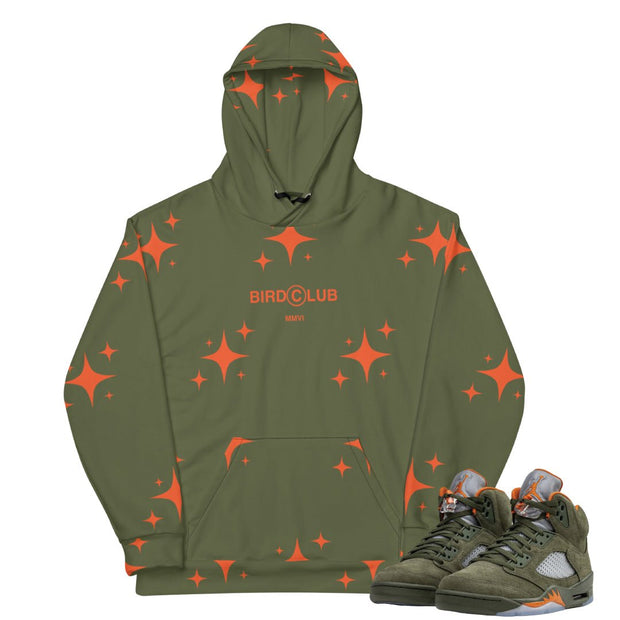 Retro 5 Olive/ Solar Orange Stars Hoodie - Sneaker Tees to match Air Jordan Sneakers