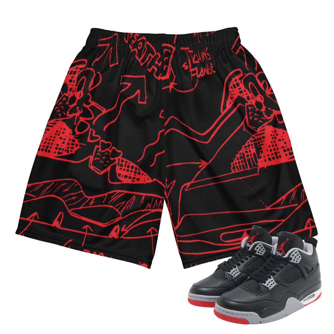 Retro 4 Bred Reimagined Sketch Mesh Shorts - Sneaker Tees to match Air Jordan Sneakers