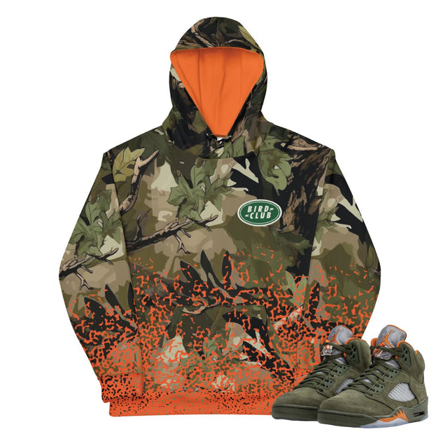 Retro 5 Olive/Solar Orange "Hunting Camo" Hoodie - Sneaker Tees to match Air Jordan Sneakers