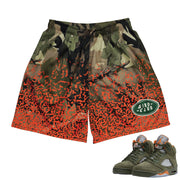 Retro 5 Olive/Solar Orange Camo Mesh Shorts - Sneaker Tees to match Air Jordan Sneakers