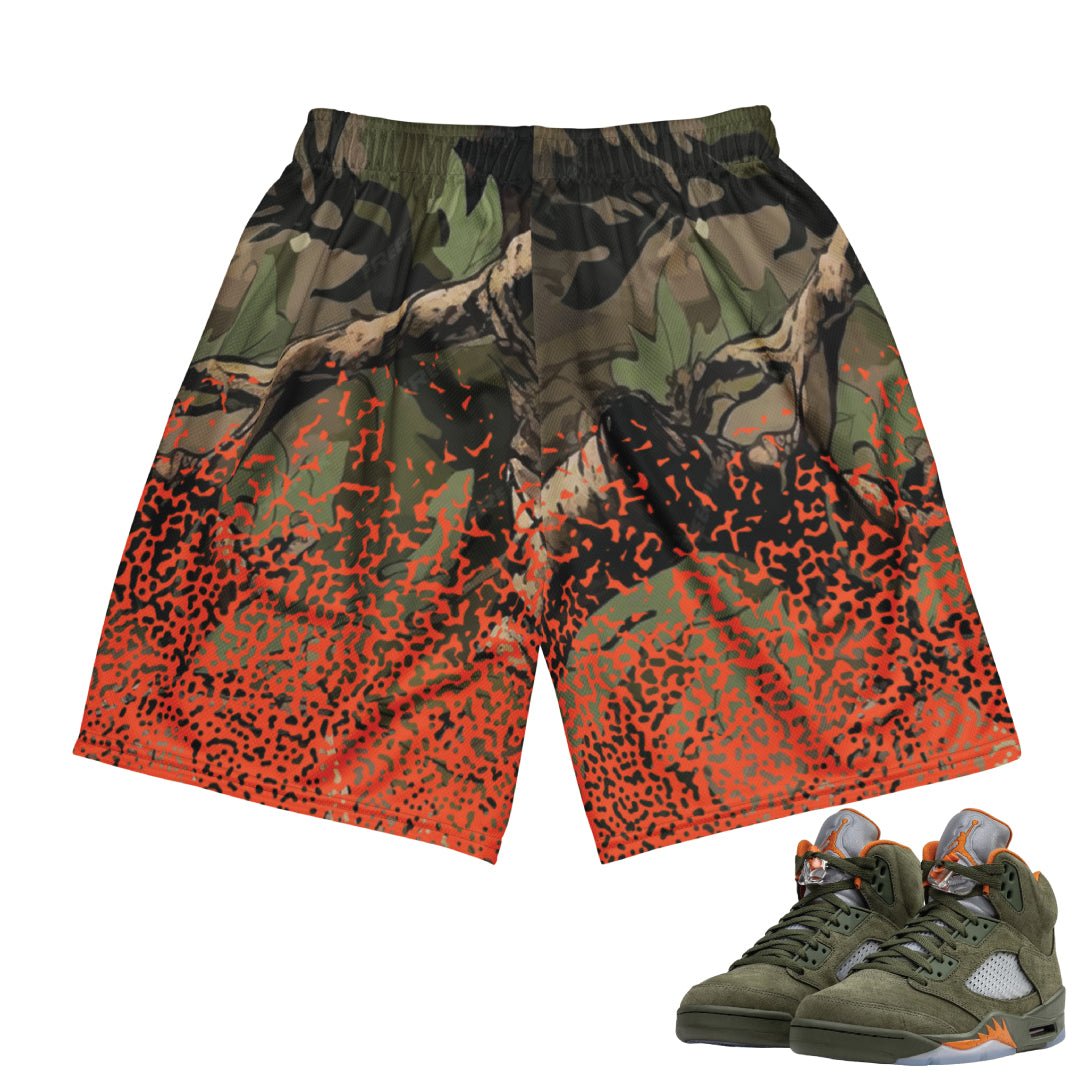 Retro 5 Olive/Solar Orange Camo Mesh Shorts - Sneaker Tees to match Air Jordan Sneakers