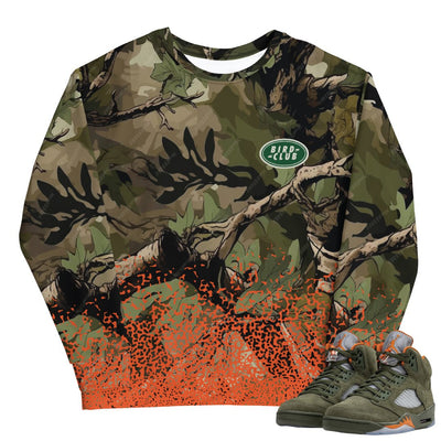 Retro 5 Olive/Solar Orange "Hunting Camo" Sweatshirt - Sneaker Tees to match Air Jordan Sneakers