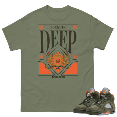 Retro 5 Olive/Solar Orange "Deep Pockets" Shirt - Sneaker Tees to match Air Jordan Sneakers