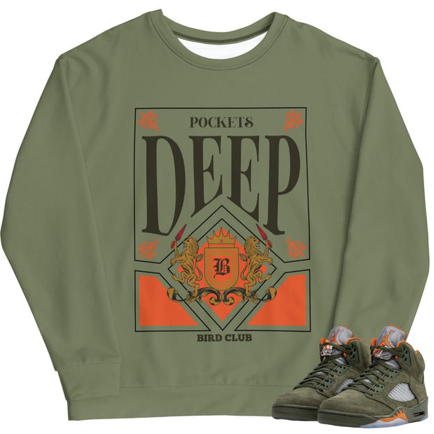 Retro 5 Olive/Solar Orange "Deep Pockets" Sweatshirt - Sneaker Tees to match Air Jordan Sneakers