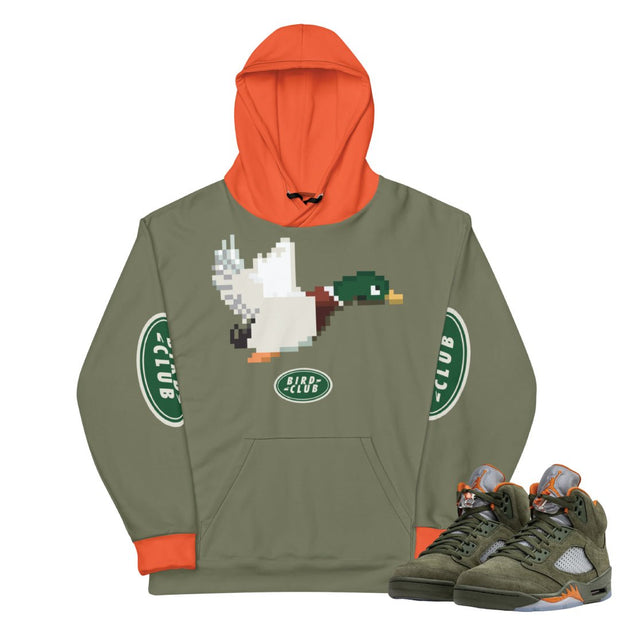 Retro 5 Olive/Solar Orange "Duck Hunt" Hoodie - Sneaker Tees to match Air Jordan Sneakers