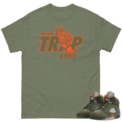 Retro 5 Olive/Solar Orange "Trap" Shirt - Sneaker Tees to match Air Jordan Sneakers