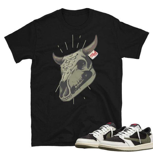 Retro 1 Low Travis Scott Olive Dessert Skull Shirt - Sneaker Tees to match Air Jordan Sneakers