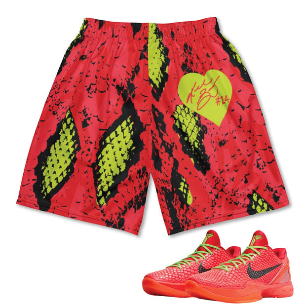 Reverse Grinch Kobe 6 Protro Snakeskin Print Mesh Basketball Shorts - Sneaker Tees to match Air Jordan Sneakers