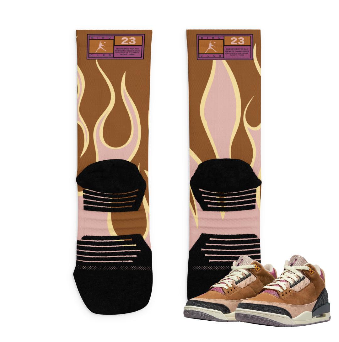 Retro 3 Winterized Archaeo Brown Flame Socks - Sneaker Tees to match Air Jordan Sneakers