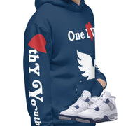 Retro 4 Midnight Navy Cement ONE LOVE Hoodie - Sneaker Tees to match Air Jordan Sneakers
